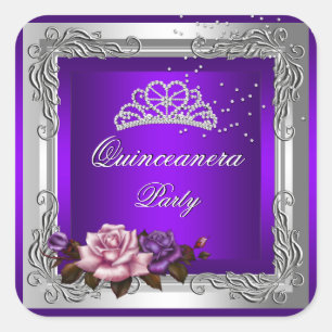 Purple Silver Roses Quinceanera 15th Birthday Square Sticker