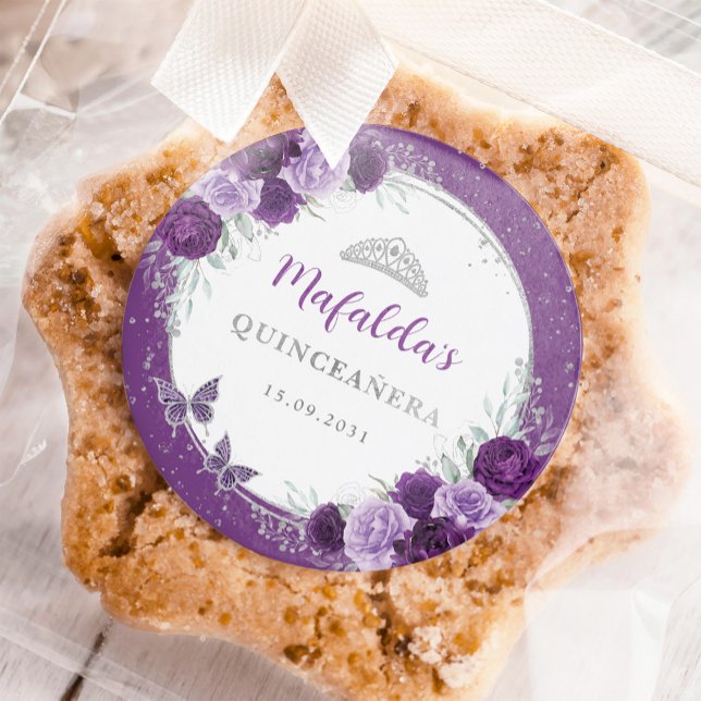 Purple Silver Roses Quinceanera Birthday Favors Classic Round Sticker (Creator Uploaded)