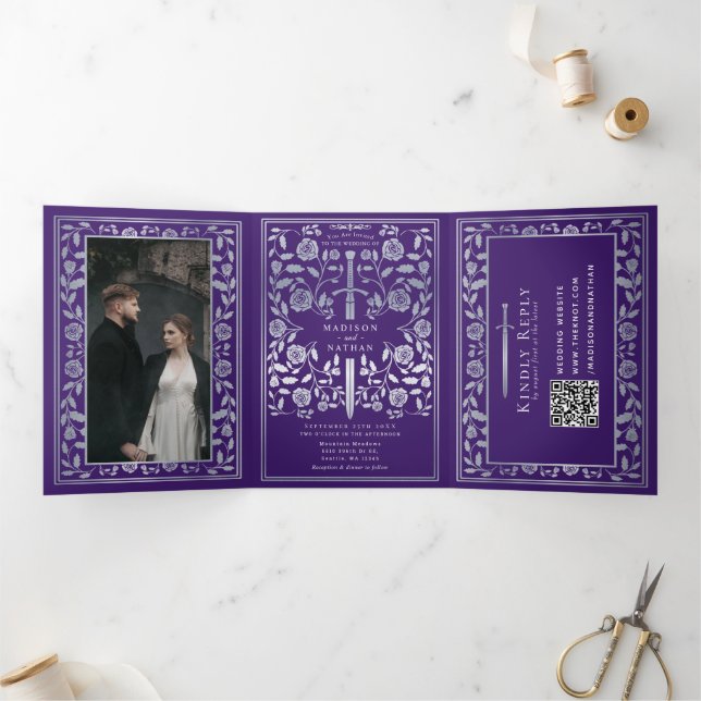 Purple Silver Royal Medieval Sword Wedding QR Code Tri-Fold Invitation (Inside)