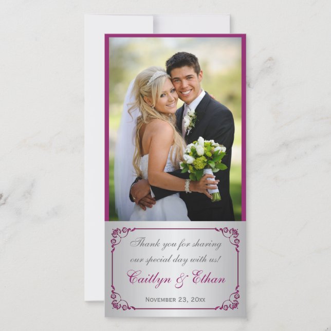 Purple, Silver Scrolled Wedding Photo Card (Front)