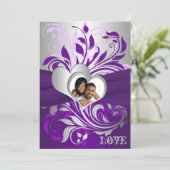 Purple Silver Scrolls, Hearts Photo Wedding Invite (Standing Front)