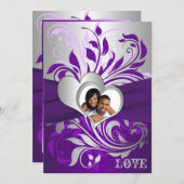Purple Silver Scrolls, Hearts Photo Wedding Invite (Front/Back)