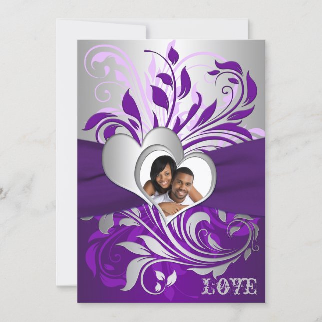 Purple Silver Scrolls, Hearts Photo Wedding Invite (Front)