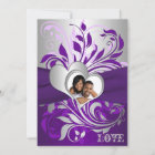 Purple Silver Scrolls, Hearts Photo Wedding Invite
