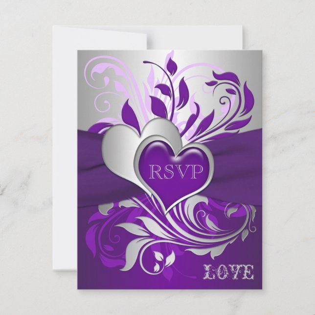 Purple, Silver Scrolls, Hearts RSVP Card (Front)