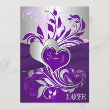 Purple Silver Scrolls  Hearts Wedding Invitation by NiteOwlStudio at Zazzle