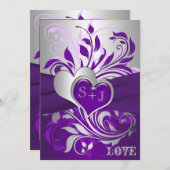 Purple Silver Scrolls, Hearts Wedding Invitation (Front/Back)