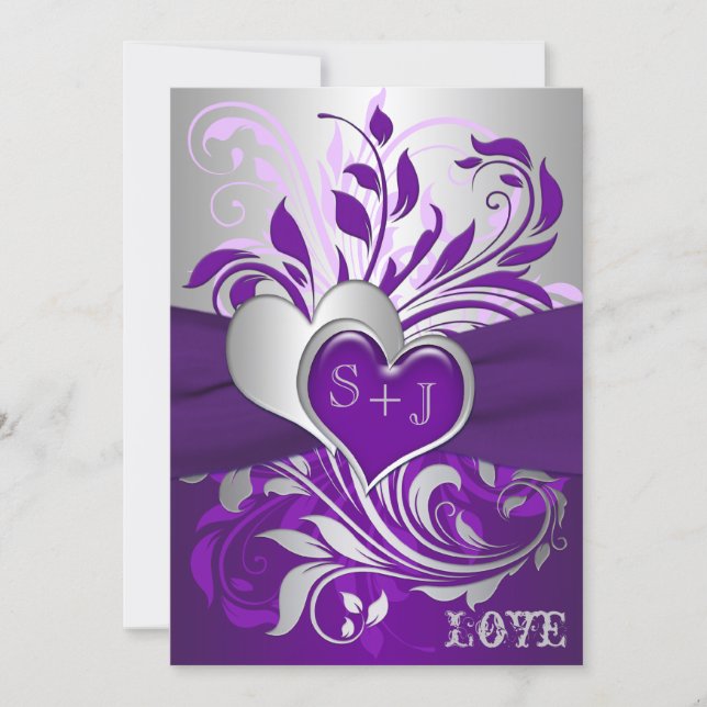 Purple Silver Scrolls, Hearts Wedding Invitation (Front)