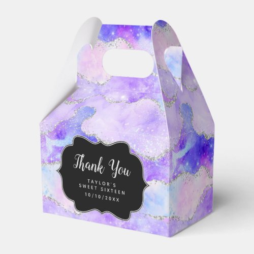 Purple Silver Sequin Agate Sweet Sixteen Thank You Favor Boxes