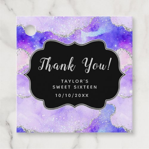Purple Silver Sequin Agate Sweet Sixteen Thank You Favor Tags