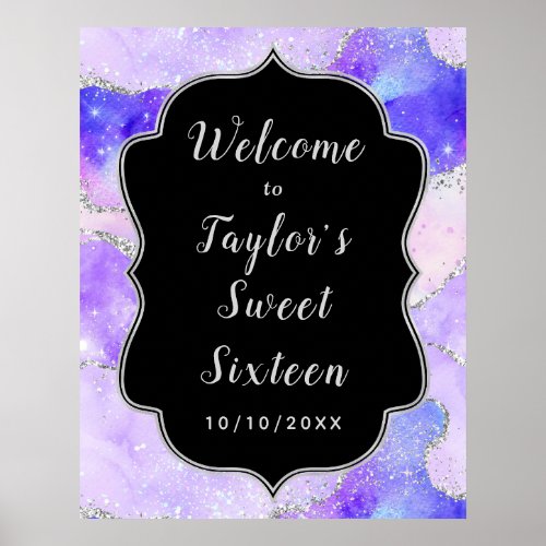 Purple Silver Sequins Agate Sweet Sixteen Welcome Poster