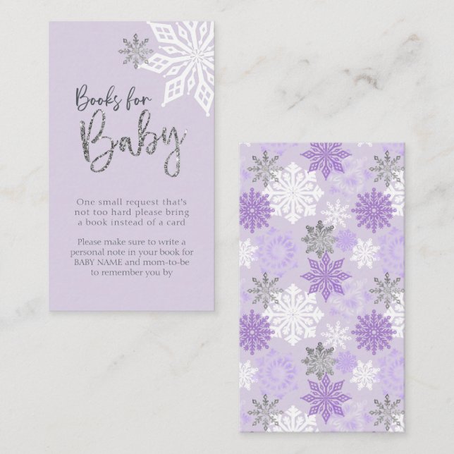 Purple Silver Snowflake Baby Shower Book Request Enclosure Card (Front/Back)