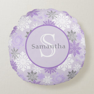 Purple & Silver Snowflake Personalized Monogram Round Pillow
