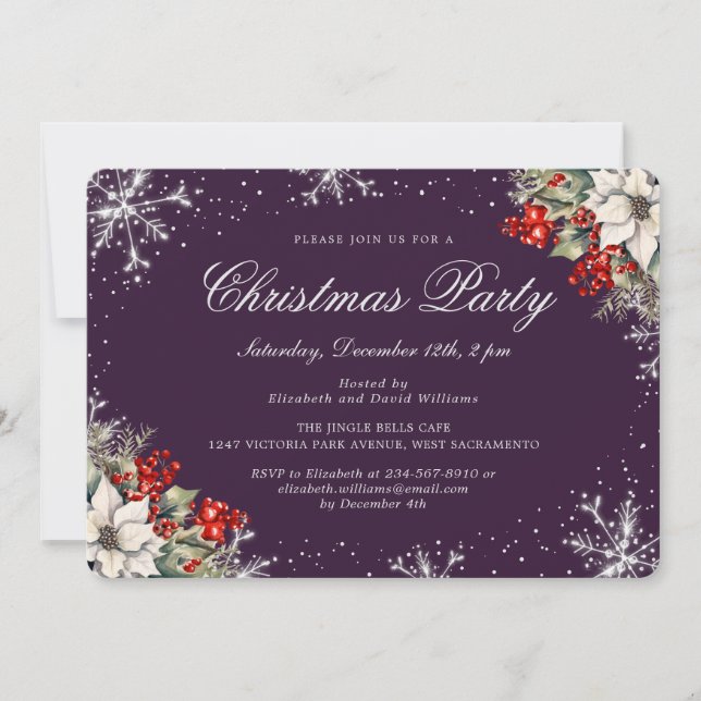 Purple Silver Snowflakes Christmas Holiday Party Invitation (Front)