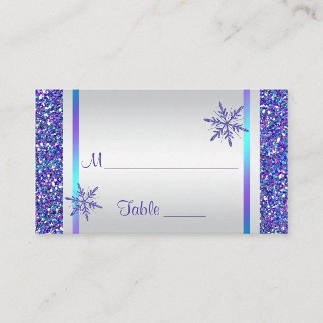 Purple, Silver Snowflakes Quinceanera Place Card (Front)