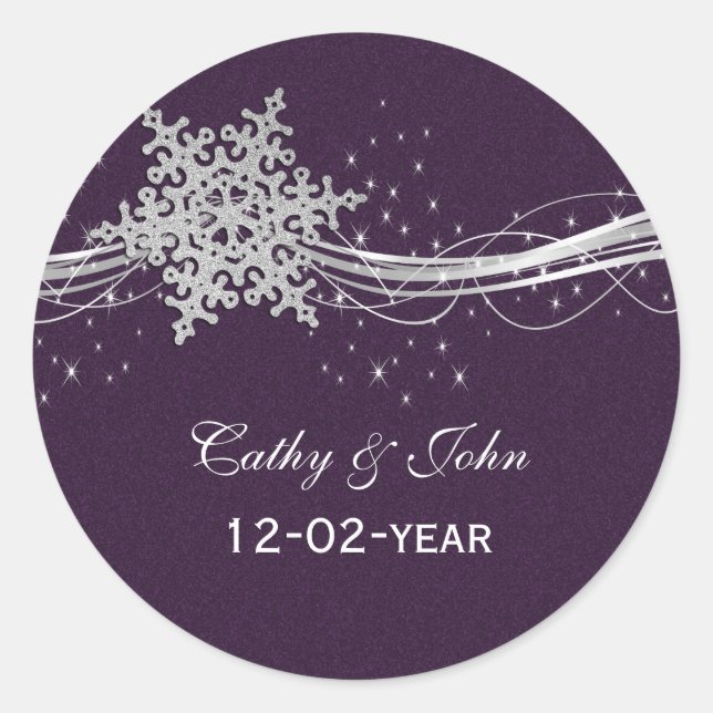 purple Silver Snowflakes wedding favor stickers (Front)