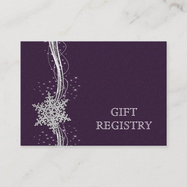 purple Silver Snowflakes wedding gift registry Enclosure Card (Front)