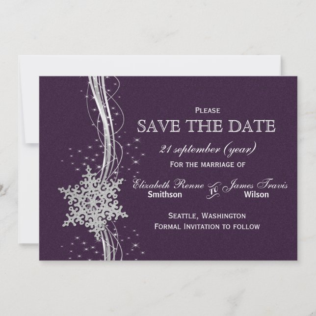purple Silver Snowflakes Winter  save the date (Front)