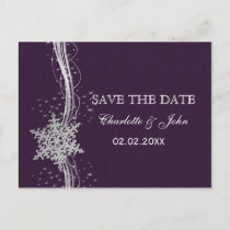 purple Silver Snowflakes Winter save the Date Announcement Postcard