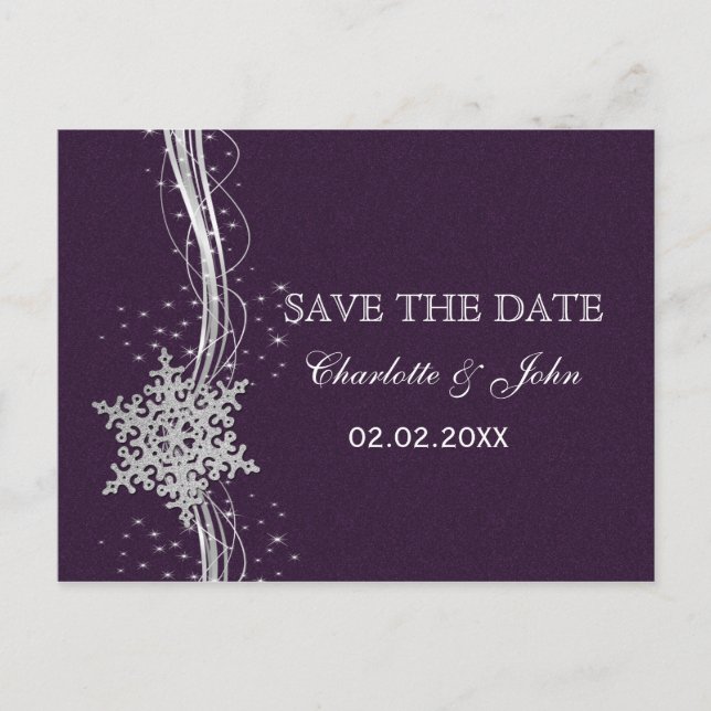 purple Silver Snowflakes Winter save the Date Announcement Postcard (Front)