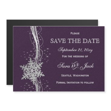 purple Silver Snowflakes Winter  save the date Magnetic Invitation