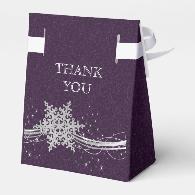 purple Silver Snowflakes Winter wedding favor box (Back Side)