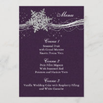 purple Silver Snowflakes Winter wedding menu cards