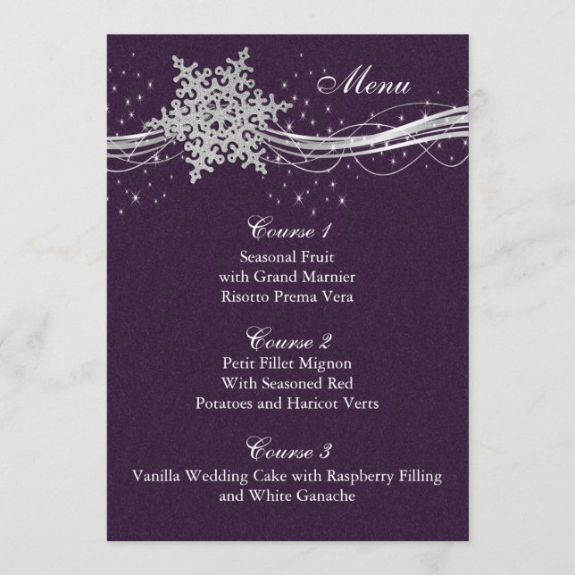 purple Silver Snowflakes Winter wedding menu cards (Front)