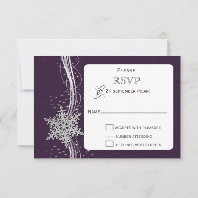 purple Silver Snowflakes Winter wedding RSVP (Front)