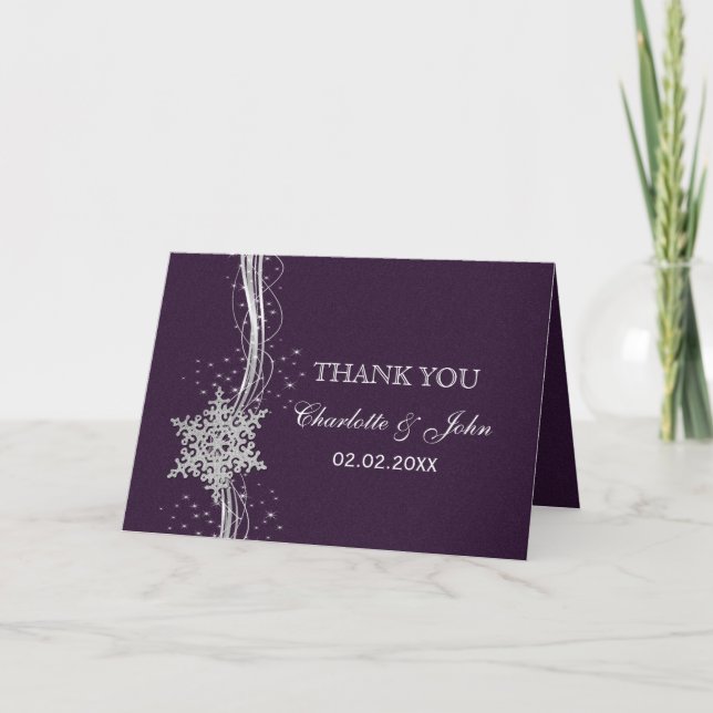 purple Silver Snowflakes Winter wedding Thank You Card (Front)