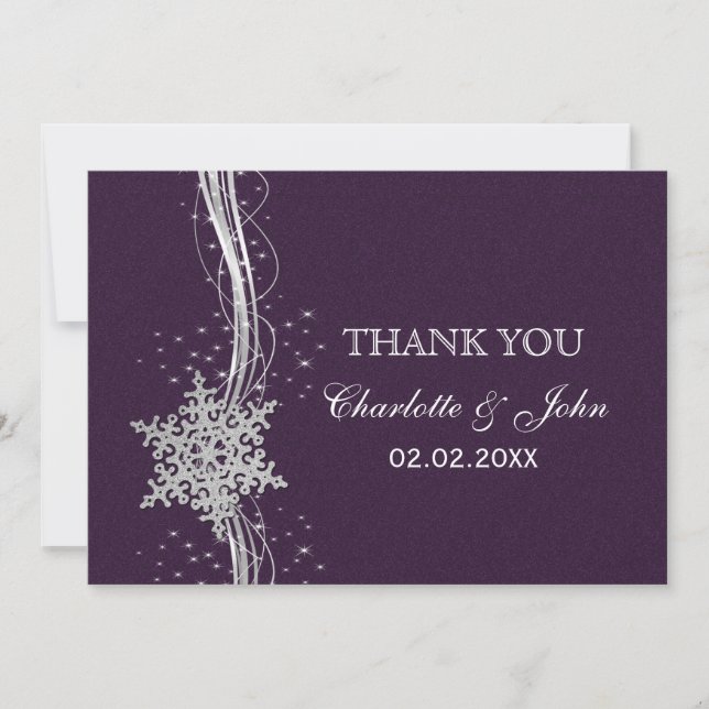 purple Silver Snowflakes Winter  wedding Thank You Invitation (Front)