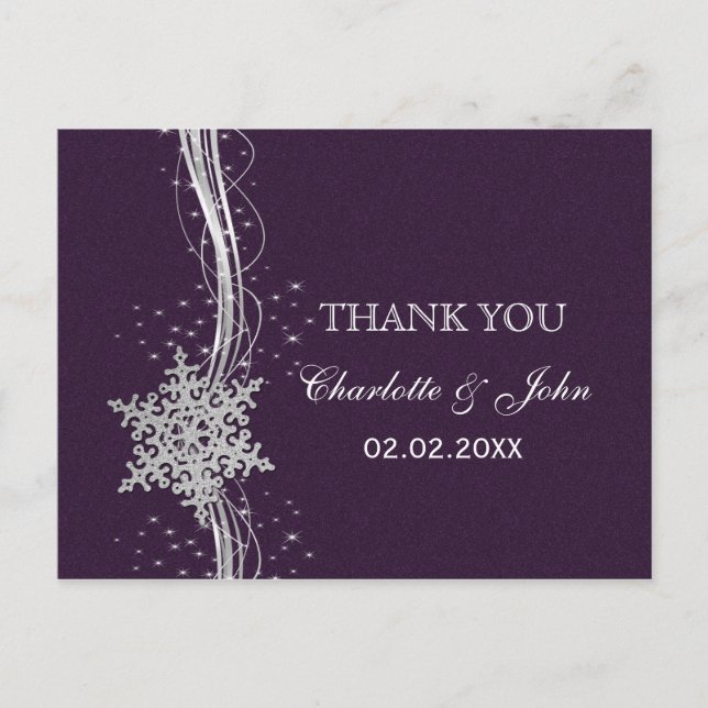 purple Silver Snowflakes Winter wedding Thank You Postcard (Front)