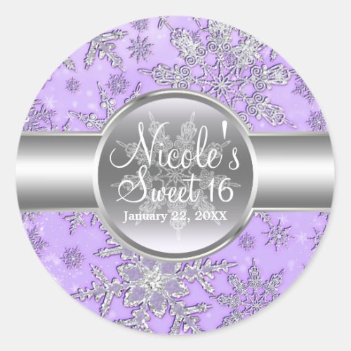 Purple Silver Snowflakes Winter Wonderland Party Classic Round Sticker