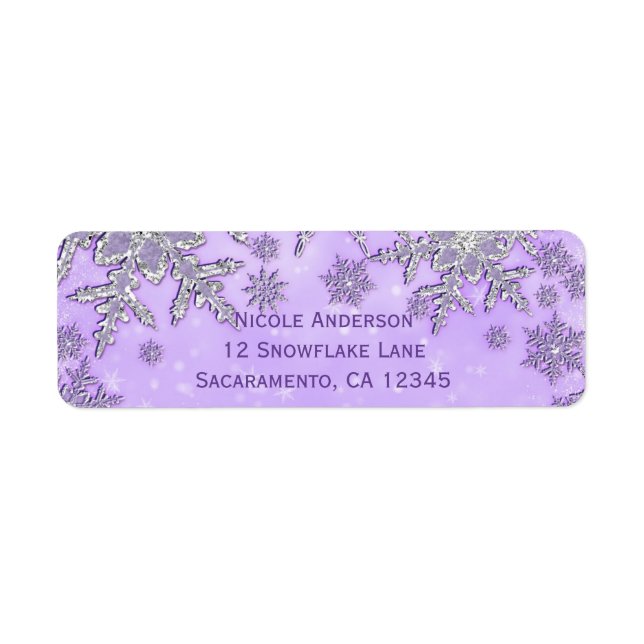 Purple Silver Snowflakes Winter Wonderland Party Label (Front)