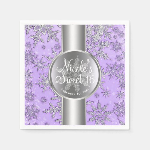 Purple Silver Snowflakes Winter Wonderland Party Napkins