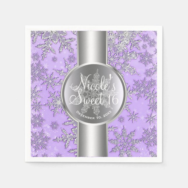 Purple Silver Snowflakes Winter Wonderland Party Napkins (Front)