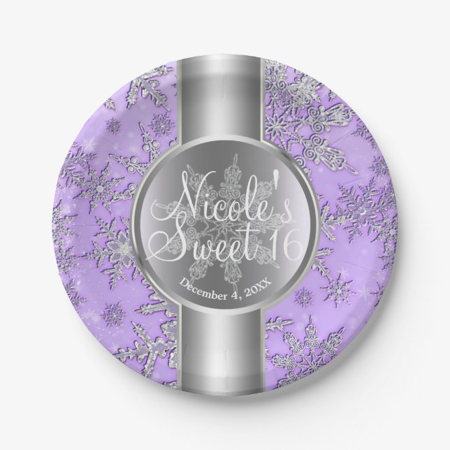 Purple Silver Snowflakes Winter Wonderland Party Paper Plates (Front)