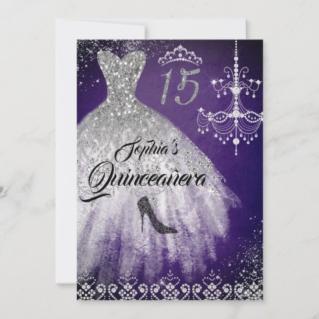 Purple Silver Sparkle Diamond Dress Quinceanera Invitation (Front)