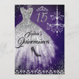 Purple Silver Sparkle Diamond Dress Quinceanera Invitation