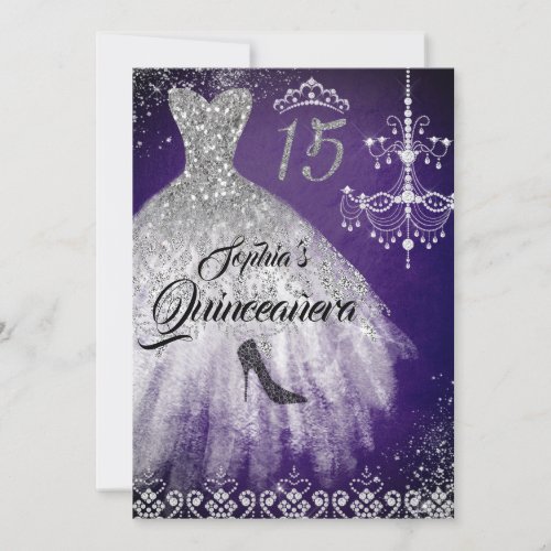 Purple Silver Sparkle Diamond Dress Quinceanera Invitation