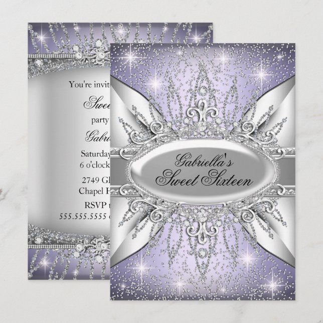 Purple & Silver Sparkle Diamond Sweet 16 Invite (Front/Back)