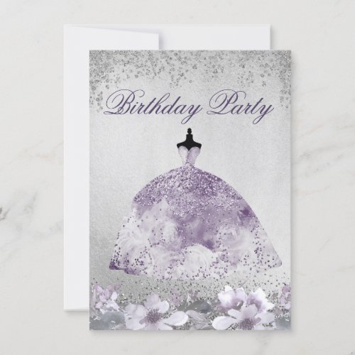Purple Silver Sparkle Dress Birthday Party Invite