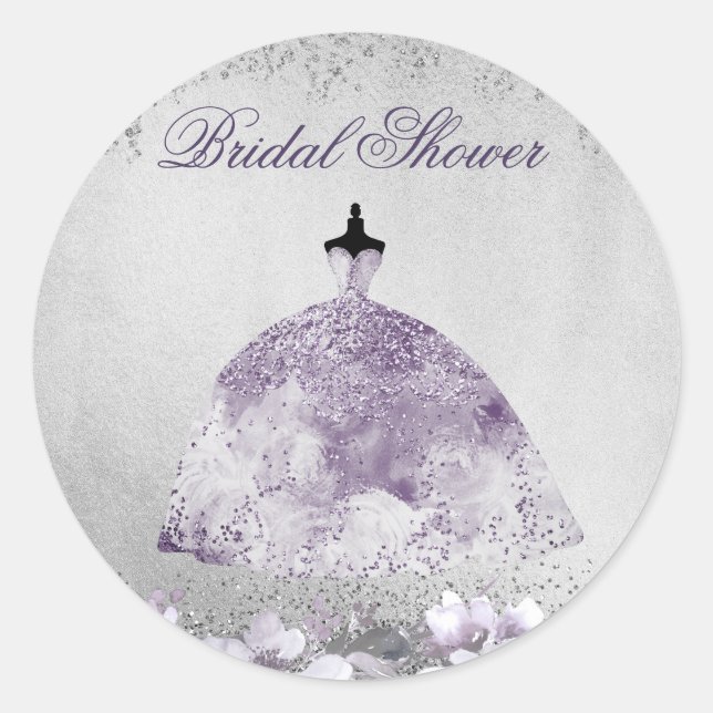 Purple Silver Sparkle Dress Bridal Shower Classic Round Sticker (Front)