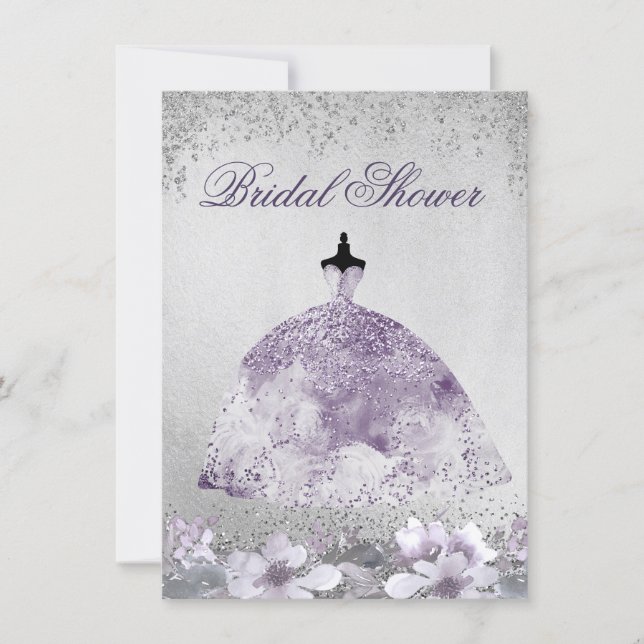 Purple Silver Sparkle Dress Bridal Shower Invite (Front)