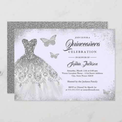 Purple Silver Sparkle Dress Butterfly Quinceanera Invitation