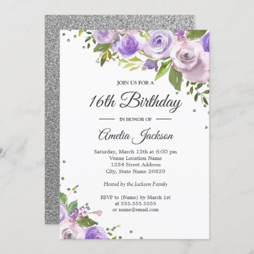 Purple Silver Sparkle Floral 16th Birthday Invite