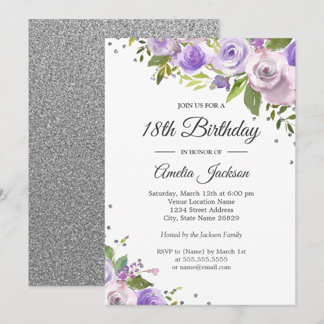 Purple Silver Sparkle Floral 18th Birthday Invite (Front/Back)