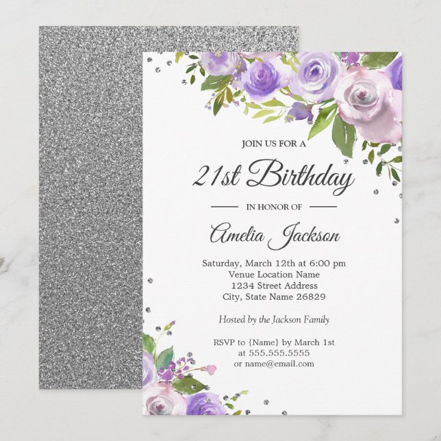 Purple Silver Sparkle Floral 21st Birthday Invite (Front/Back)