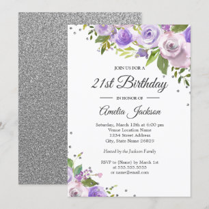 Purple Silver Sparkle Floral 21st Birthday Invite
