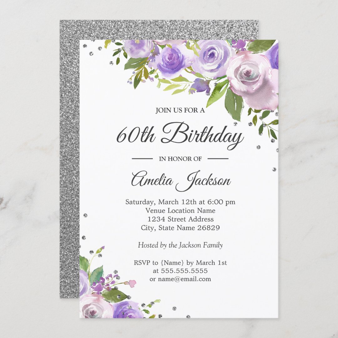 Purple Silver Sparkle Floral 60th Birthday Invite | Zazzle